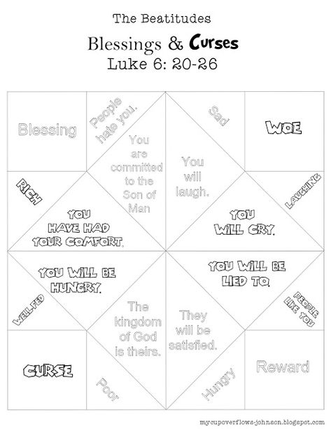 The Beatitudes Blessings and Curses cootie catcher game for kids Beatitudes For Kids, Ccd Activities, The Beatitudes, Cootie Catcher, Christian Activities, Church Bulletin Boards, Gospel Of Luke, Sunday School Crafts For Kids, Faith Formation