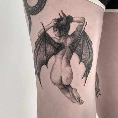 Every one of us has deep and dark fantasies you won’t share with the world. But a succubus tattoo is a great possibility to admit your inner world. Bat Woman Tattoo, Succubus Tattoo, Chandelier Tattoo, Bat Woman, Goth Tattoo, Demon Tattoo, Woman Tattoo, Scary Tattoos, Fantasy Tattoos