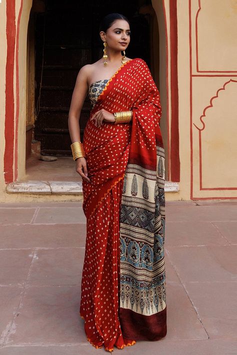 Geroo Jaipur red hand block print saree with unstitched blouse Bandhani Border, Gajji Silk Saree, Bandhani Dress, Sari Design, Block Print Saree, Beige Blouse, Bandhani Saree, Red Saree, Hand Block Print