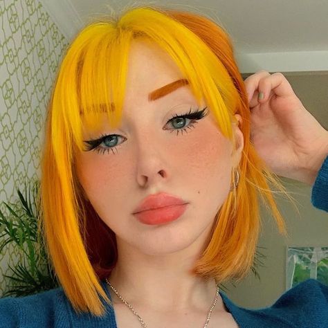 Yellow Bob Hair, Pink To Yellow Hair, Yellow Color Block Hair, Half Yellow Half Pink Hair, Pink And Yellow Hair Split, Yellow Hair Color, Split Dyed Hair, Vivid Hair Color, Hair With Bangs