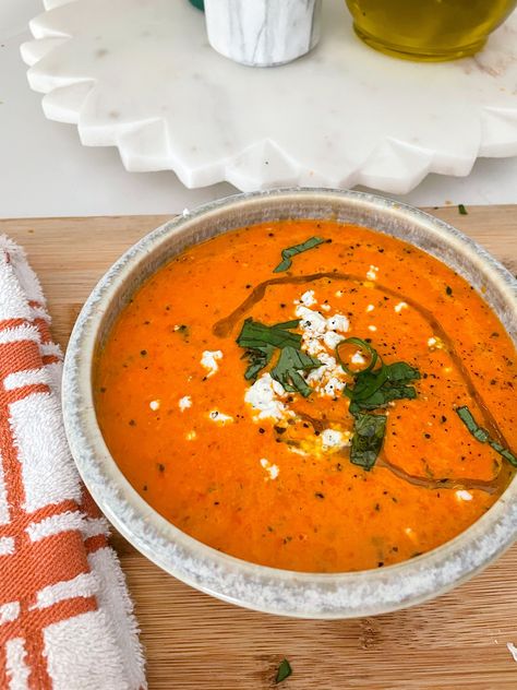 Roasted Red Pepper & Goat Cheese Soup — sauceyrosie Tomato Feta Soup, Goat Cheese Soup, Roasted Red Pepper Goat Cheese, Red Pepper Goat Cheese, Feta Soup, Bell Pepper Soup, Bisque Soup, Red Pepper Soup, Veggie Stock