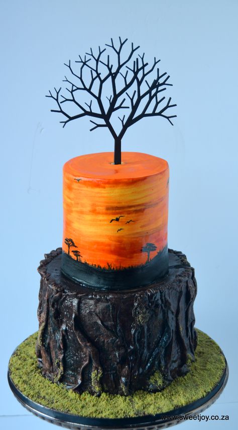 Yoga Cake, Sunset Cake, Africa Cake, Tree Cake Topper, African Cake, Western Cake, Orange Birthday Cake, Tree Bark Texture, Orange Birthday