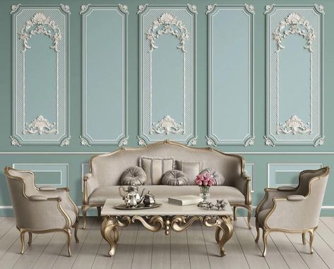 Neoclassic Design, Mirror Wallpaper, Texture Mirror, Lace Wall, Classic Furniture Living Room, Luxurious Wallpaper, Victorian Sofa, Plaster Texture, Victorian Interior