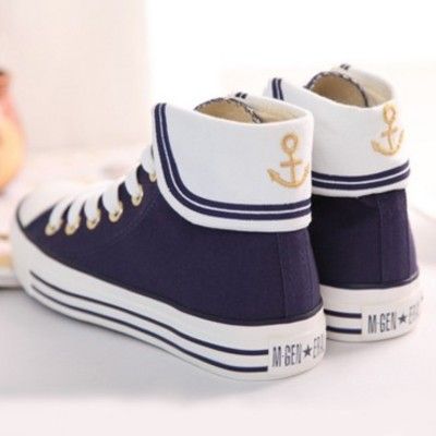 Japanese fashion cute navy wind high help canvas shoes Sepatu Platform, Sailor Shoes, Kawaii Harajuku Fashion, Anting Manik, Kawaii Shoes, Kawaii Harajuku, Girly Shoes, Kawaii Clothes, Harajuku Fashion