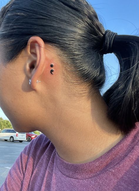 Meaningful Ear Tattoos, Behind The Ear Tattoos For Women Unique, Semi Colon Behind Ear Tattoo, Semi-colon Tattoo Behind The Ear, Tattoo Ideas Female Behind The Ear, Tiny Tattoos Behind Ear, Back Of The Ear Tattoos For Women, Tattoo Under Ear, Small Behind The Ear Tattoo Ideas