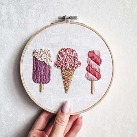 ice cream - Cupofneedles #BeadingPatterns #SeedBeadPattern #SeedBeadPatternsFree #SeedBeadPatternsTutorials Ice Cream Embroidery, Needlecraft Patterns, Cream Embroidery, Embroidery Lessons, Needlepoint Stitch, Diy Embroidery Patterns, Bead Embroidery Patterns, Embroidery Stitches Tutorial, Hand Embroidery Projects