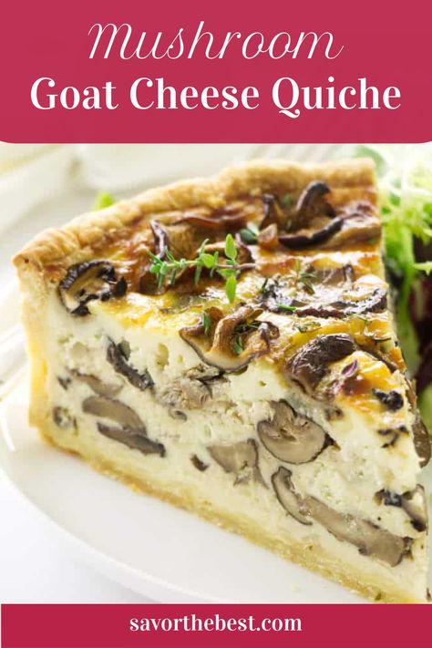 A slice of quiche with wild mushrooms Quiche Ideas, French Quiche, Mushroom Goat Cheese, Goat Cheese Quiche, Hot Fudge Cake, Mushroom Quiche, Quiche Pan, Quiche Recipes Easy, Vegan Cheddar