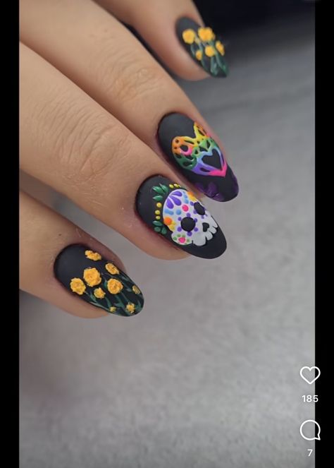 Katrina Nails Art Designs, Disney Coco Nails, Book Of Life Nails, Day Of The Dead Nails Acrylic, Catrina Nails Design, Sugar Skull Nails Acrylic, Papel Picado Nails, Day Of The Dead Nail Art, Texas Nails Designs