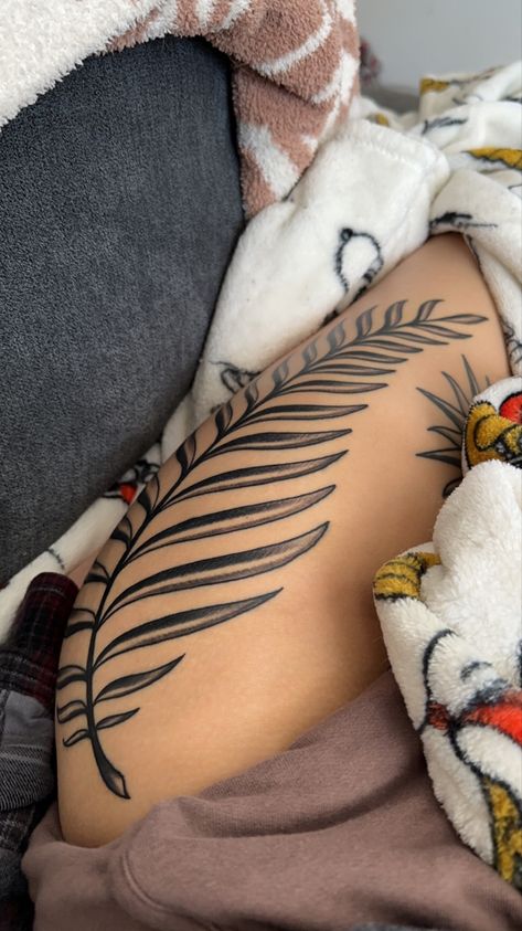 Thigh Leaf Tattoos Women, Palm Tree Leaves Tattoo, Palm Frond Tattoos, Leaf Leg Tattoo, Palm Tree Leaf Tattoo, Palm Branch Tattoo, Palm Leaves Tattoo, Leaf Back Tattoo, Tropical Leaves Tattoo