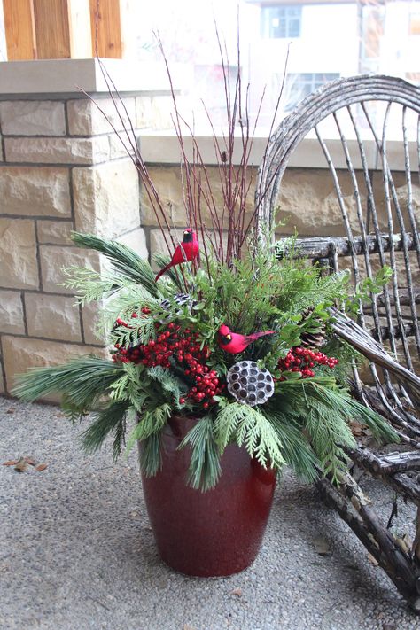 Winter and Christmas Containers - Contemporary - Exterior - Calgary - by Your Space By Design | Houzz Outdoor Porch Pots For Christmas, Front Entry Christmas Decor, Christmas Outdoor Planter Ideas, Christmas Porch Pots, Holiday Pots, Winter Urns, Winter Porch Pots, Clay Cottage, Porch Urns