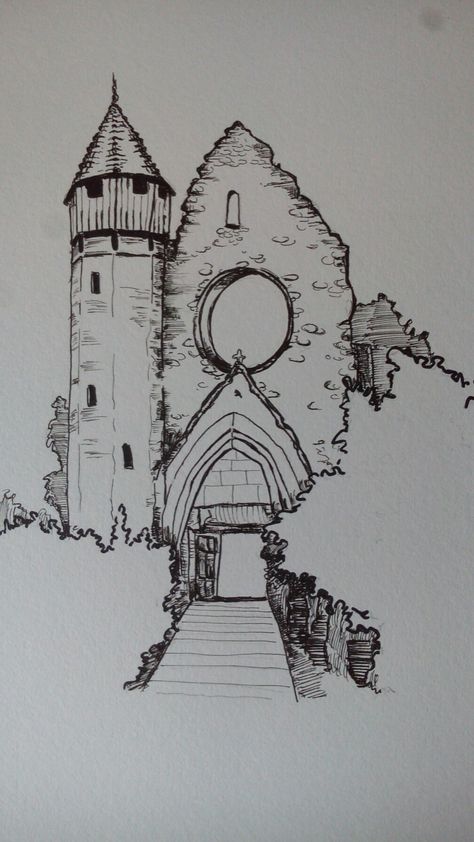 Gab Rural Drawing, Tower Drawing Easy, Gabriel Drawing, Ink Forest, Forest Castle, Tower Drawing, Ballpoint Pen Drawing, Watercolor Landscapes, Pen Art Drawings