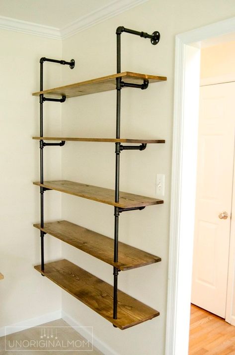 Diy Shelves Design, Diy Shelves Ideas, Diy Pipe Shelves, Pipe Shelving, Industrial Pipe Shelves, Diy Pipe, Farmhouse Shelves, Regal Design, Fixer Upper Style