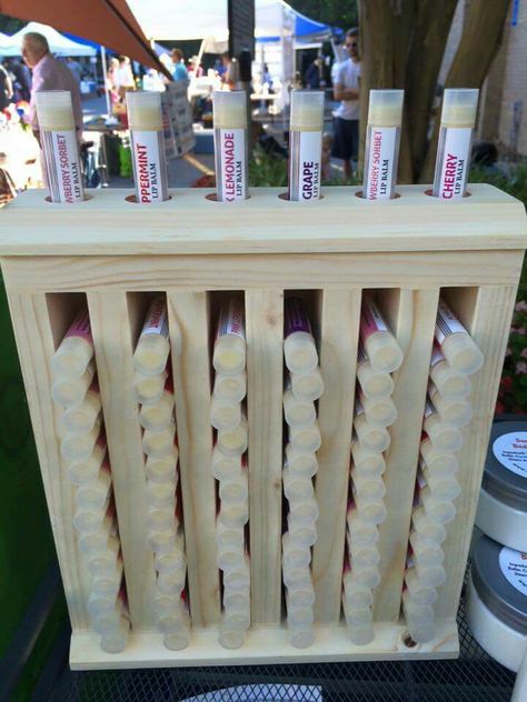 Laurie Falkring's lip balm display Soap Booth, Lip Balm Display, Farmers Market Display, Soap Display, Vendor Displays, Entrepreneur Ideas, Homemade Lip Balm, Craft Booth Displays, Craft Fair Displays