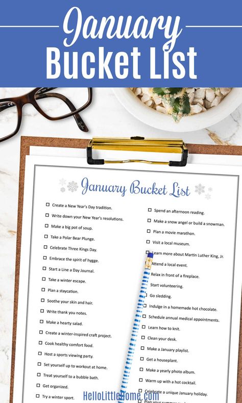 Looking for Things to Do in January? You’ll LOVE these fun January Bucket List Ideas! This FREE Printable January Bucket List is full of unique January Activities, including crafts, recipes, travel, indoor / outdoor ideas, at home activities, more! This January To Do List has creative ideas for everyone, including couples, friends, families, singles, kids, teens. Includes two free PDF Printables: one with 40 Winter Ideas plus a Blank Template so you can create a custom list! | Hello Little Home Things To Do In February, January Bucket List, Bucket List Ideas For Teens, January Planning, Holidays In January, Berry Green Smoothie, Dating Red Flags, January Activities, Dating Girls