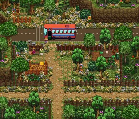 Renovated yesterday, screenshotted today <33 Bus Stop Sdv, Stardew Valley Traveling Cart Design, Forest Farm Layout Stardew Valley Year 1, Stardew Valley Farm Entrance, Stardew Valley Medieval Farm, Stardew Valley Bus Stop Decoration, Bus Stop Stardew Valley, Stardew Valley Train Station, Stardew Bus Stop Design