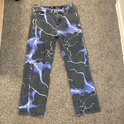 Jaded london lightning skate jeans blue Lightning Jeans, Skate Jeans, Wrestling Gear, Painted Jeans, Jaded London, Blue Jacket, Dream Clothes, Shirt Jacket, Wrestling