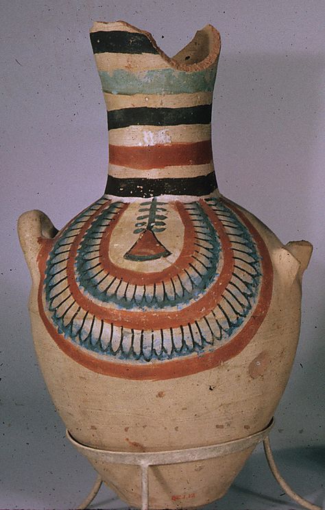 Jar from the tomb of Sennedjem. Egypt, ca. 1279–1213 B.C. Excavated  for the Egyptian Antiquities Service in the 1885-1886 season. Sold to the Metropolitan Museum of Art by the Egyptian government in 1886. Egyptian Antiques, Egypt Pattern, Moorish Design, Ancient Egypt History, Egyptian Artifacts, Ancient Pottery, Egypt Art, Egyptian History, Ancient Egyptian Art