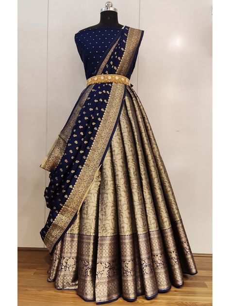 Blue Colour Half Sarees, Half Saree Lehenga Blue, Navy Blue Half Saree, Half Saree Skirt Designs, Royal Blue Half Saree, Tissue Pattu Lehenga, Traditional Half Sarees, Half Saree Lehenga Simple, Langa Davani Designs