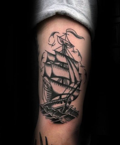 60 Traditional Ship Tattoo Designs For Men - Nautical Ink Ideas Pittsburgh Tattoo, Traditional Ship Tattoo, Traditional Tattoo Man, Boat Tattoo, Traditional Black Tattoo, Nautical Tattoo, Old School Tattoo Designs, Ship Tattoo, Traditional Tattoo Design