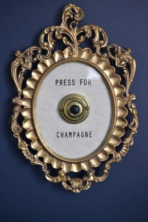 Vintage + Glam: PRESS FOR CHAMPAGNE {Framed Ringing Bell} Vintage Glam Party Decor, Champagne Lounge Ideas, Ring For Champagne Sign, Vintage Champagne Aesthetic, Vintage Bar Decor, Ring For Champagne Bell, Champagne Vintage Aesthetic, Champagne Fridge, Ring For Champagne