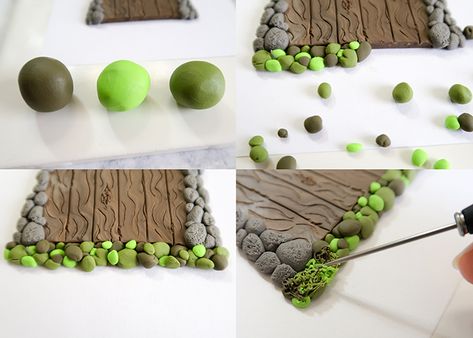 Polymer Clay Fairy Door Tutorial | Woo! Jr. Kids Activities Mini Fairy Garden Polymer Clay, Clay Rocks Diy, Polymer Clay Fairy Door Tutorial, Polymer Clay Hobbit House, Polymer Clay Moss, Fairy Clay Ideas, Polymer Clay Fairy Doors, Clay Tutorials Step By Step, Polymer Clay Landscape