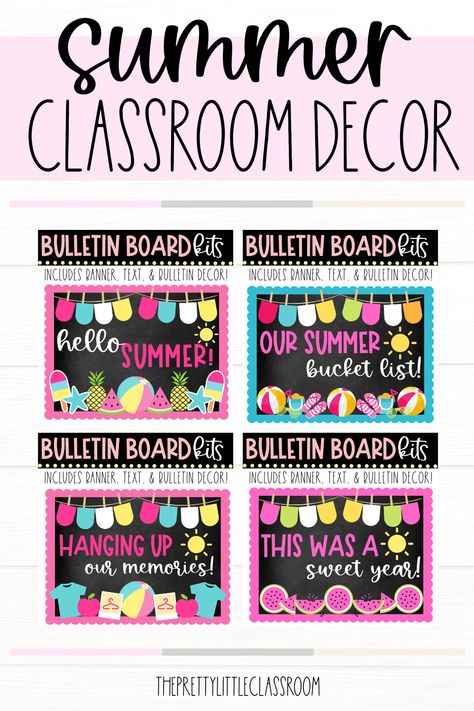 Take a simple approach to decorating your classroom in the last couple of months before summer with our cute summer bulletin board kits! We all know how exhausted teachers are by this point of the year. Instead…personalize your classroom with these cute classroom décor ideas & celebrate the final few weeks of the school year together. #classroomdecor #summerclassroom #bulletinboards #theprettylittleclassroom Summer Themed Crafts, Exhausted Teacher, Summer Bulletin Board, Cute Classroom, Summer Plan, Summer Bulletin Boards, Bulletin Boards Classroom Decor, Class Door, School Board Decoration