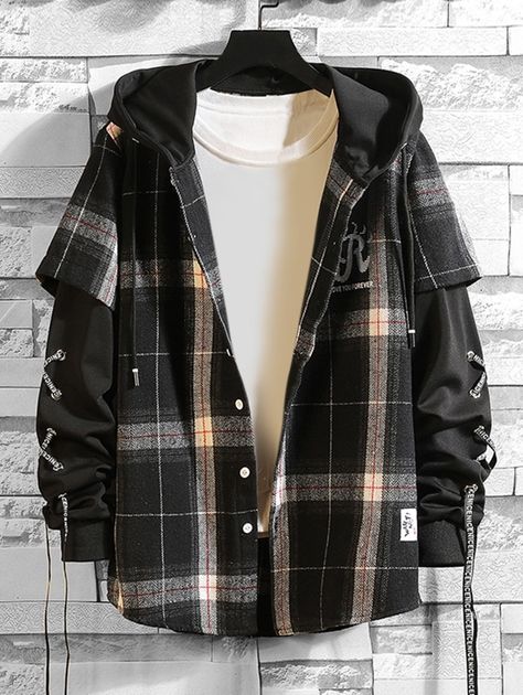 Letter Plaid Pattern Hooded Jacket  BLACK WHITE , #Aff, #Pattern, #Plaid, #Letter, #Hooded, #WHITE #Ad Stylish Hoodies, Foto Poses, Tomboy Style Outfits, Streetwear Men Outfits, Tomboy Fashion, Kawaii Clothes, Edgy Outfits, Character Outfits, Dream Clothes