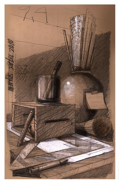 Objects Composition Drawing, Nature Composition Drawing, Tinted Paper Art, Still Life Perspective, Composition Drawing Sketches, Composition Of Objects, Object Composition, Static Nature, Spiral Design Art