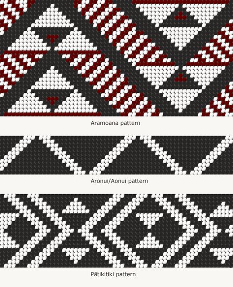 These are three of the more common tāniko weaving designs. The names of these designs vary from tribe to tribe, and in any case are often purely functional and not descriptive. Tāniko expert Hirini [no-lexicon]Moko[/no-lexicon] Mead says, 'The names used could be as irrational as those ... Taniko Patterns Design, Maori Weaving Patterns, Taniko Patterns Maori, Taniko Patterns, Mochila Pattern, Weaving Patterns Design, Flax Weaving, Maori Patterns, Polynesian Art