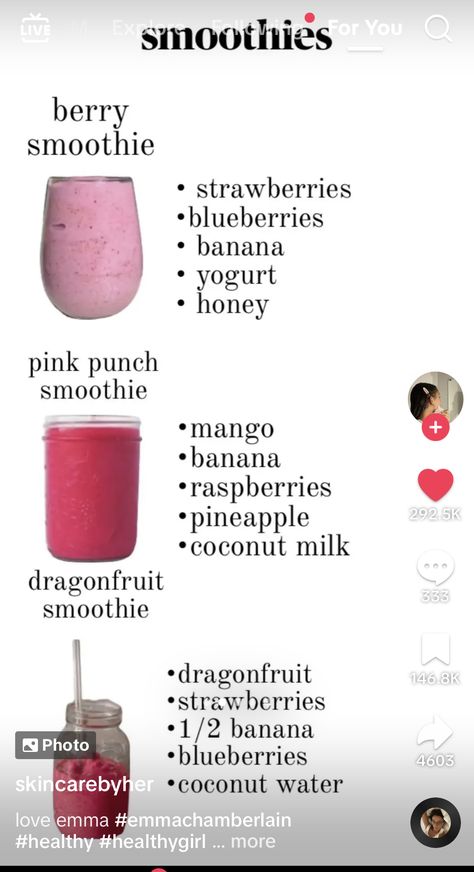 Smoothie Recipes Raspberry, Drinks To Take To School, Preppy Smoothie Recipes, Drinks To Make In The Morning, Fruit Slush Recipes, Strawberry Smoothie Recipe Healthy, Healthy Vanilla Smoothie, Good Smoothie Recipes, Healthy Strawberry Smoothie