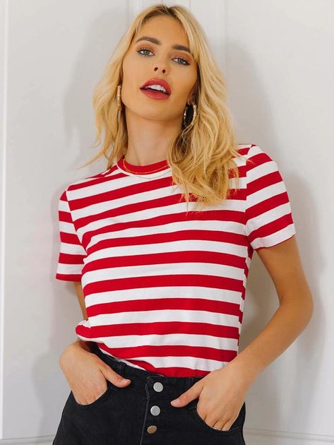 Striped Print Tee | SHEIN USA Jeans For Tall Women, Tall Skirt, Large Clothes, Long Tall Sally, Long Leggings, Tall Clothing, Red Stripe, Striped Tee, Striped Shorts