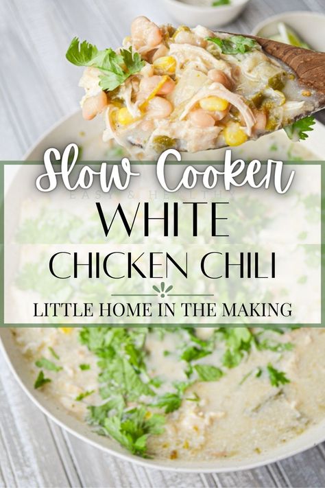 This healthy slow cooker soup is perfect for a make ahead dinner idea. Crock pot soups are the best for easy meal prep, and white chicken chili is a family favorite recipe using chicken breasts, green chilies, white beans, and sour cream. Even picky eaters love this easy soup recipe. Best White Chicken Chili, Easy White Chicken Chili, Slow Cooker White Chicken Chili, White Chicken Chili Slow Cooker, Slow Cooker Chicken Chili, Homemade Beans, Crockpot White Chicken Chili, Creamy White Chicken Chili, White Bean Chili