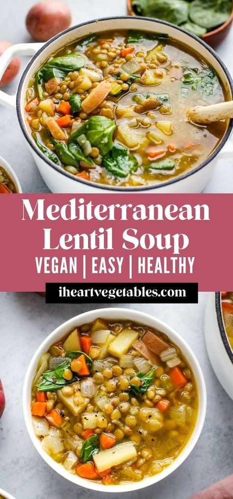 Mediterranean Lentil Soup, Mediterranean Recipes Healthy, Mediterranean Diet Recipes Dinners, Easy Mediterranean Diet Recipes, Soup Vegan, Lentil Soup Recipes, Vegan Soup Recipes, Tasty Recipe, Lentil Recipes