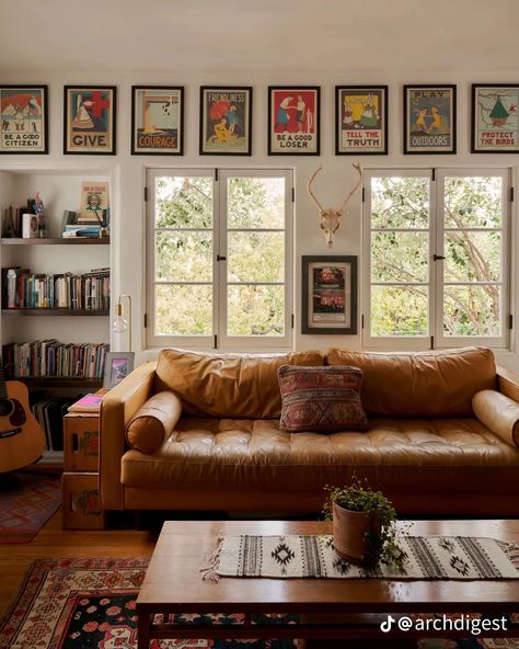 Mountain Eclectic Living Room, Eclectic Mountain Home Decor, Classic Eclectic Living Room, Mountain Eclectic Decor, Rustic Eclectic Home, Couch In Front Of Window, Mountain Eclectic, Shelf Above Couch, Decor Over Couch