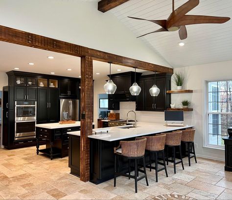 Dream Kitchen Farmhouse, Beam In Kitchen, White Gold Kitchen, Farmhouse Renovation, Kitchen Design Modern, Condo Kitchen, Kitchen Redesign, Rectangle Chandelier, Gold Kitchen