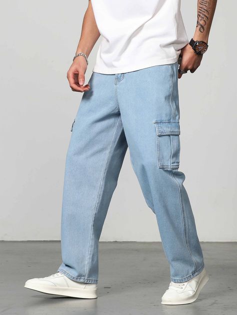 Light Wash  Collar  Denim Plain Wide Leg Embellished Non-Stretch  Men Clothing Blue Cargo Jeans With Pockets For Streetwear, Blue Relaxed Fit Cargo Jeans For Streetwear, Jean Cargos Men, Affordable Men's Denim Blue Cargo Jeans, Cargo Jeans Outfit, Tapered Jeans Men, Baggy Jeans Outfit, Jeans Outfit Men, Denim Cargo Pants