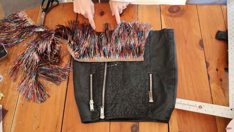 Tinsel Dress Diy, Diy Tinsel Jacket Tutorial, Splore Festival, Diy Tinsel Jacket, Fringe Skirt Diy, Tinsel Skirt, Diy Tinsel, Sequence Skirt, Fringe Pants