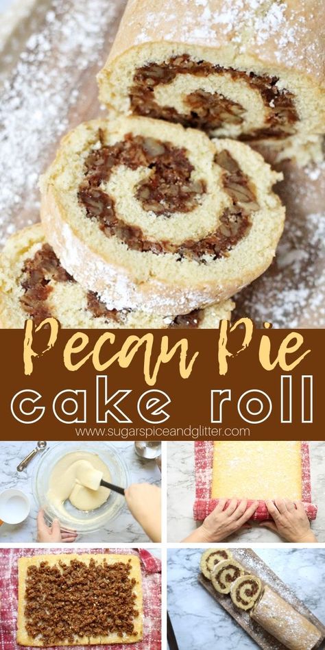 Thanksgiving Jelly Roll Cake, Pecan Cake Roll Recipe, Swiss Roll Cake Filling, Holiday Roll Cake, Jellyroll Cake Recipes, Fall Cake Roll, Roll Cake Ideas, Roll Cakes Recipe, Jelly Roll Cake Recipe