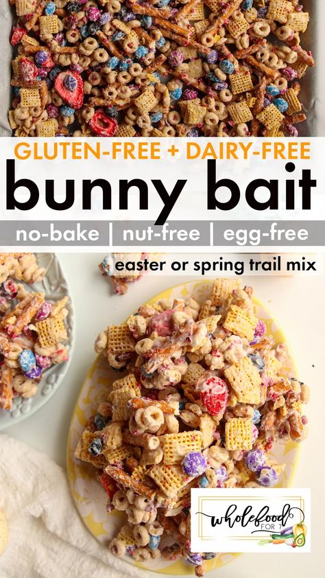 Gluten-free Dairy-free Bunny Bait - No-bake, egg-free, nut-free, EASY. A fun Easter or spring trail mix, snack, or treat. Dairy Egg And Nut Free Recipes, Gluten Dairy Egg Nut Free Recipes, No Nut Trail Mix Recipes, Nut Free Trail Mix For Kids, Toddler Trail Mix Ideas Healthy, Nut Free Trail Mix Recipes, Nut Free Trail Mix, Easter Trail Mix, Gluten Free Snacks For Kids