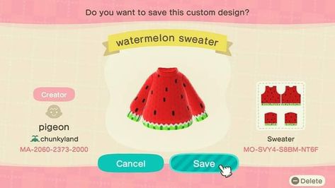 Sweater Animal Crossing, Animal Crossing Design Codes, Animal Crossing Design, Acnh Codes, Animal Crossing, Melon, Watermelon, Custom Design, Coding