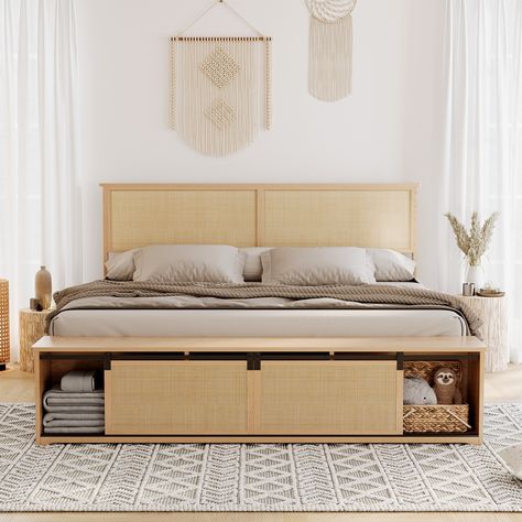 Rattan Headboard: This rattan headboard is made of high-quality natural materials, which gives you a feeling of being close to nature. Boho Bed Frame, Barn Door Storage, Headboard Boho, Light Headboard, Farmhouse Bed Frame, Rattan Bed Frame, Headboard With Shelves, Rattan Bed, Wood Platform Bed Frame