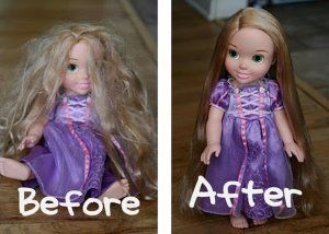 *Make a detangling solution of 2 Tbsp of fabric softener and the rest water in a 3 oz. travel spray bottle. *Spray the doll's hair with the detangling solution. *Use a wig brush (4.99 at Sally Beauty Supply) to brush out all the tangles. Tangled Doll, Doll Hair Detangler, Fix Doll Hair, Baby Doll Hair, Organizational Hacks, Sally Beauty Supply, Closet Organization Diy, Barbie Hair, Kids Discover