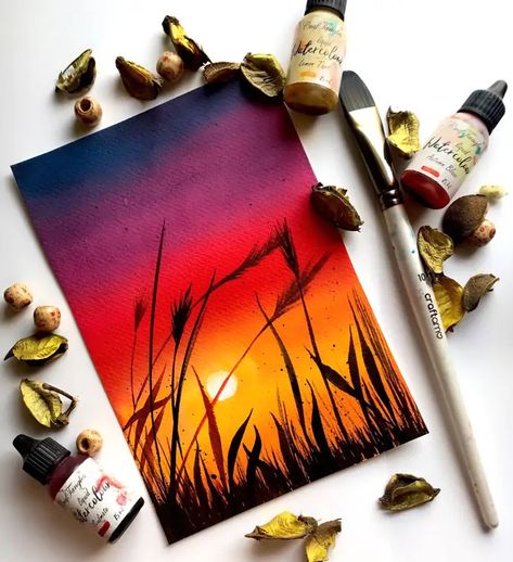 Cute Sunset Paintings, Watercolor Art Sunset, Sunset Painting Watercolor, Sunset Art Painting, Sunset Watercolor Painting, Sunset Drawing, Sunset Paintings, Sunset Watercolor, Sunset Canvas Painting