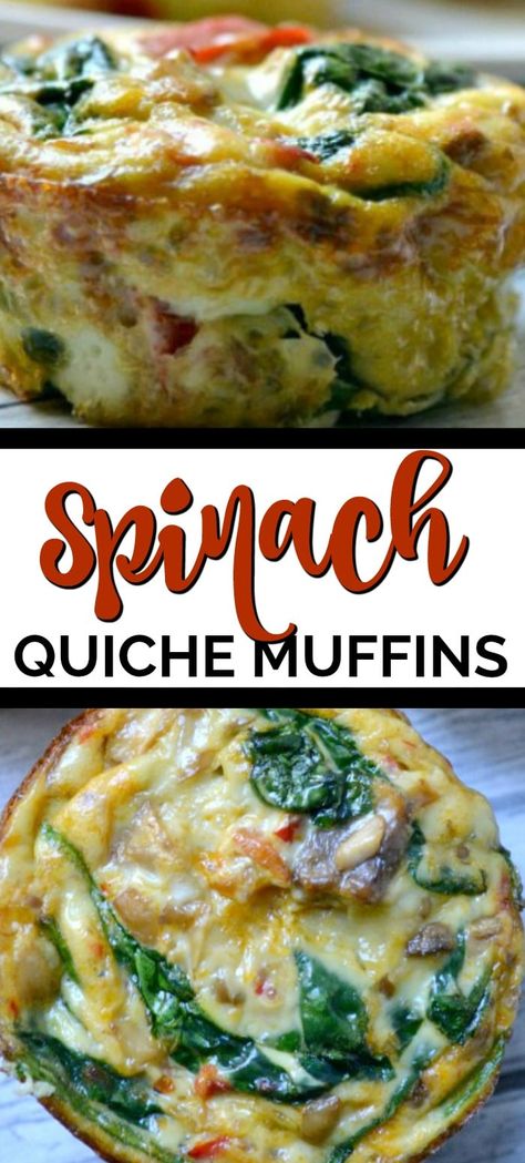 These Spinach Quiche Muffins are a healthy breakfast idea that can be customized with fillings of your choice like spinach, mushrooms, onions, cheese, red bell peppers. They are easy to make ahead and warm each morning. Breakfast Ideas Spinach, Eggs Spinach Mushrooms, Egg Quiche Muffins, Easy Quiche Healthy, Canned Spinach Recipes Easy, Quiche Muffin Recipes, Recipes With Spinach Healthy, Canned Spinach Recipes, Healthy Quiche Recipes