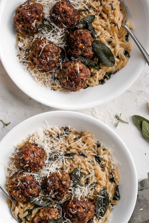 Cranberry sauerkraut meatballs are a delicious and unique twist on classic venison meatballs. These succulent venison meatballs baked in the oven are perfectly tender and flavorful. The deep flavors of the venison sauerkraut and cranberry meatballs pair perfectly with creamy apple sage orzo for a mouthwatering meal. Sauerkraut Meatballs, Venison Meatballs, Meatballs Baked, Oven Baked Meatballs, Cranberry Meatballs, Creamed Kale, Cranberry Jam, Meatball Bake, Orzo Pasta