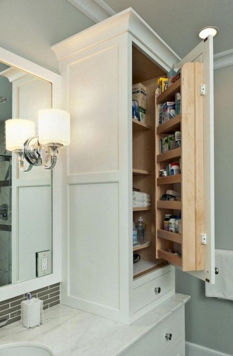 Built In Bathroom Cabinet Ideas, Cabinet Next To Bathroom Vanity, Single Sink Bathroom Vanity With Tall Side Cabinet, Bathroom Tall Cabinet Ideas, Single Vanity With Storage Tower, Vanity With Upper Cabinets, Bathroom Storage Cabinet Built In, Bathroom Vanity With Tall Side Cabinet, Townhome Upgrades