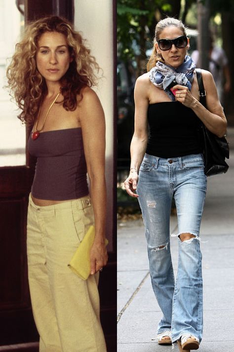 Tube top/bandana situation Sarah Jessica Parker Street Style, Carrie Bradshaw Hair, Pantalones Boyfriend, Sarah Jessica Parker Style, Beth Djalali, Sara Jessica Parker, Carrie Bradshaw Outfits, Parker Outfit, Carrie Bradshaw Style