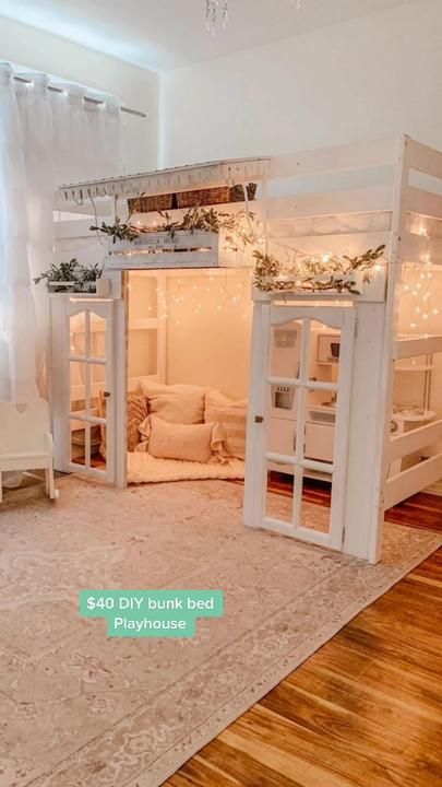 Upcycled bunk bed! #diy #diyhomedecor #PrimeDayShowPJParty #28XTREMES | TikTok Bed Upcycle, Bunk Bed Diy, Ikea Bunk Bed Hack, Ikea Bunk Bed, Grandkids Room, Playhouse Bed, Diy Bunk Bed, Kids Loft, Kids Loft Beds