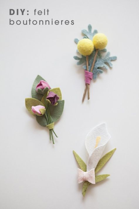 Diy Boutonnieres, Felt Flower Wedding, Felt Ball Crafts, Diy Boutonniere, Felt Bouquet, Wedding Boutonnieres, Felt Craft Projects, Felt Flowers Diy, Fleurs Diy