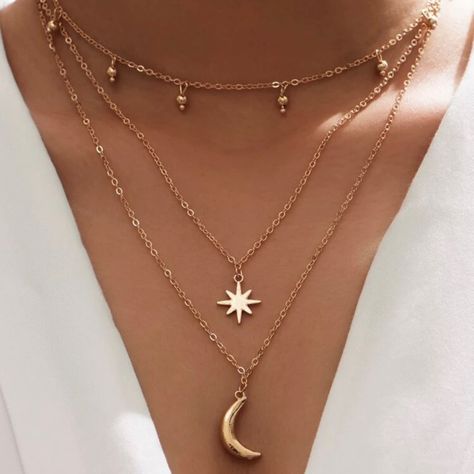 Stunning Layered Necklace Gold Tone With Moon And Stars, Great For The Everyday Look Or For That Special Night Out Moon Necklace Aesthetic, Chain Necklace Aesthetic, Layered Necklaces Gold, Necklace Aesthetic, Sun And Moon Necklace, Layered Chain Necklace, Layered Chain, Christmas Necklace, Moon Pattern